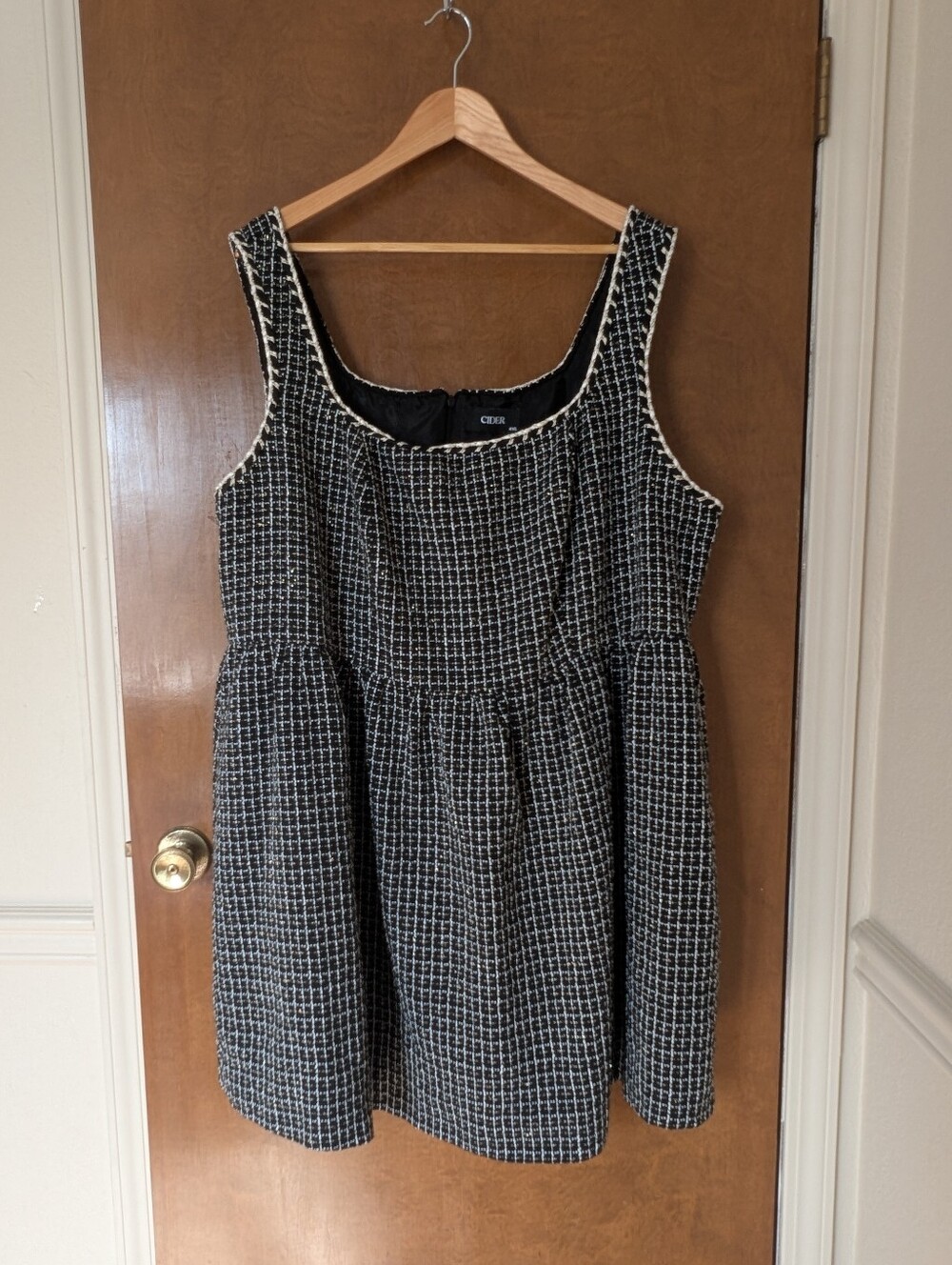 Cider Black White Gold Tweed Square Neckline Mini Dress Party Holiday